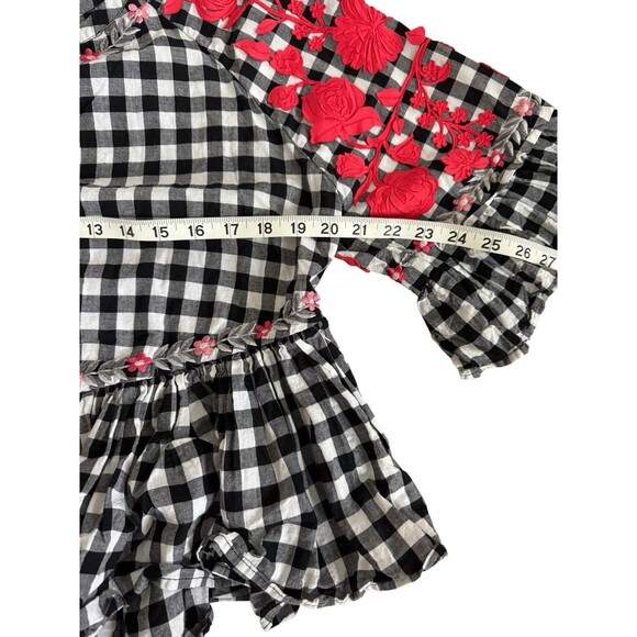 Pankaj Nidhi Anthropologie Boho Gingham Floral Top Peplum Size Small Embroidered - Picture 5 of 9